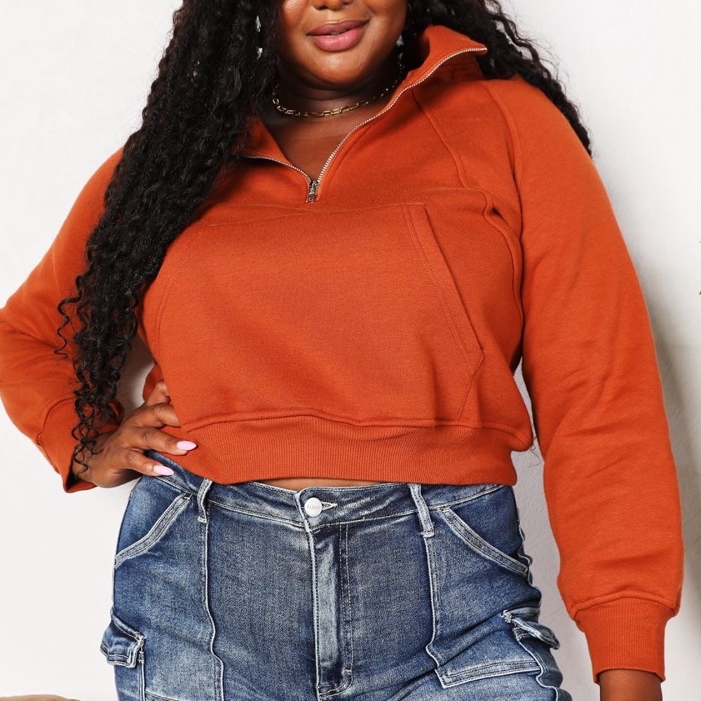 NEW Double Take Half Zip Long Sleeve Cropped Hoodie Hooded Sweatshirt